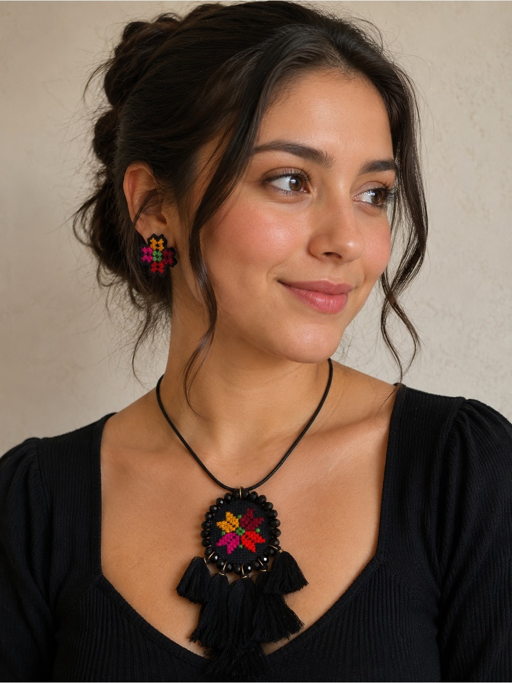 Handcrafted Black Tassel Floral Necklace and Earrings Set